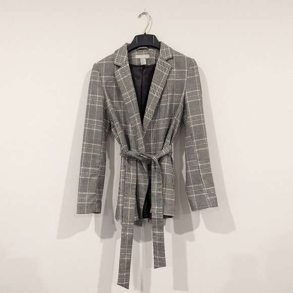 H&M | Light Grey Checked Jacket with Belt - Picture 2 of 8